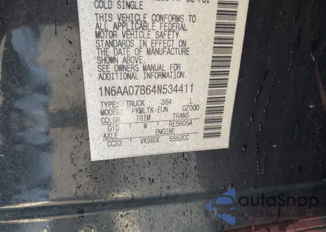 2004 Nissan Titan Se from USA, damaged, VIN 1N6AA07B64N534411